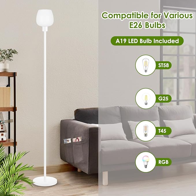 Floor Lamps for Living Room with 3 Color Temps, LED Standing Lamp with White Opal Glass Lampshade, Minimalist Tall Lamp with Foot Switch, Pole Lamp for Office Bedroom Dining Room, 9W LED Bulb Included - LeafyLoom