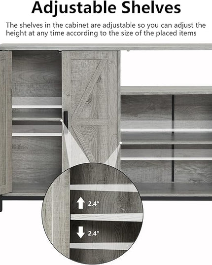 WEENFON Floor Storage Cabinet, Buffet Storage Cabinet with 2 Barn Doors, Industrial Sideboard with Adjustable Shelves, Buffet Table for Dining Room, Living Room, Kitchen, Grey - LeafyLoom