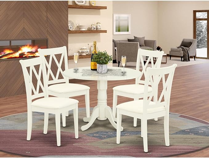 East West Furniture DLCL5-WHI-C Dublin 5 Piece Room Set Includes a Round Dining Table with Dropleaf and 4 Fabric Upholstered Chairs, 42x42 Inch, Linen White - LeafyLoom