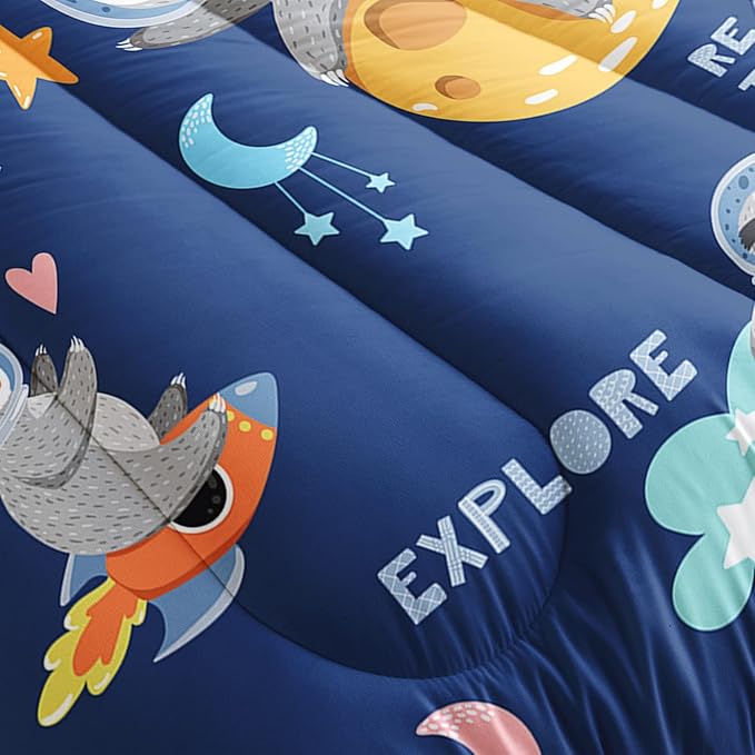 Kawaii Sloth Comforter Set 3 Pieces Outer Space Moon Cloudy Star Bedding Set Cartoon Animal Astronaut Bed Quilt Set for Girls Boys Kids with 1 Comforter and 2 Pillow Cases, Blue - LeafyLoom