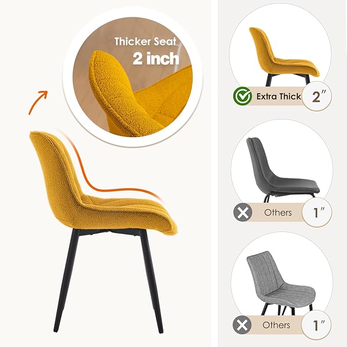 YOUNUOKE Comfortable Dining Chairs Set of 2, Mid-Century Modern Kitchen Dining Room Chairs, Upholstered Backrest Boucle Dining Chair with Black Metal, Yellow - LeafyLoom
