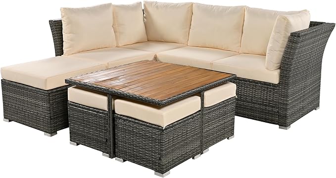 9-Pieces Outdoor Rattan Sectional Sofa Set, Wicker Patio Conversation Furniture with L-shape Couch&Storage Ottomans, Acacia Wood Coffee Table, for Garden Yard, Gray Wicker&Beige Cushion - LeafyLoom