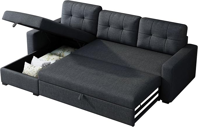 L-Shape Upholstered Sectional Sofa with Storage Chaise & Pull,Convertible Couch W/ 3 Back Cushions,Reversible Sleeper for Living Room Office Apartment, Gray, 81.5", Dark Gray1 - LeafyLoom