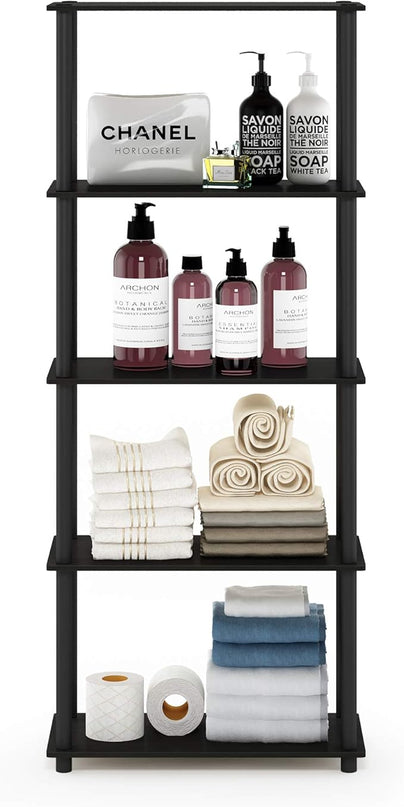 Furinno Turn-N-Tube 5-Tier Multipurpose Shelf / Display Rack / Storage Shelf / Bookshelf, Round Tubes, Espresso/Black - LeafyLoom