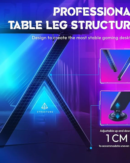 Dowinx Gaming Desk with LED Lights, RGB Gaming Computer Table with Carbon Fibre Surface, LED Home Office Desk with Remote Control, Pc Workstation with Cup Holder and Headphone Hook, 63 Inch, Black - LeafyLoom