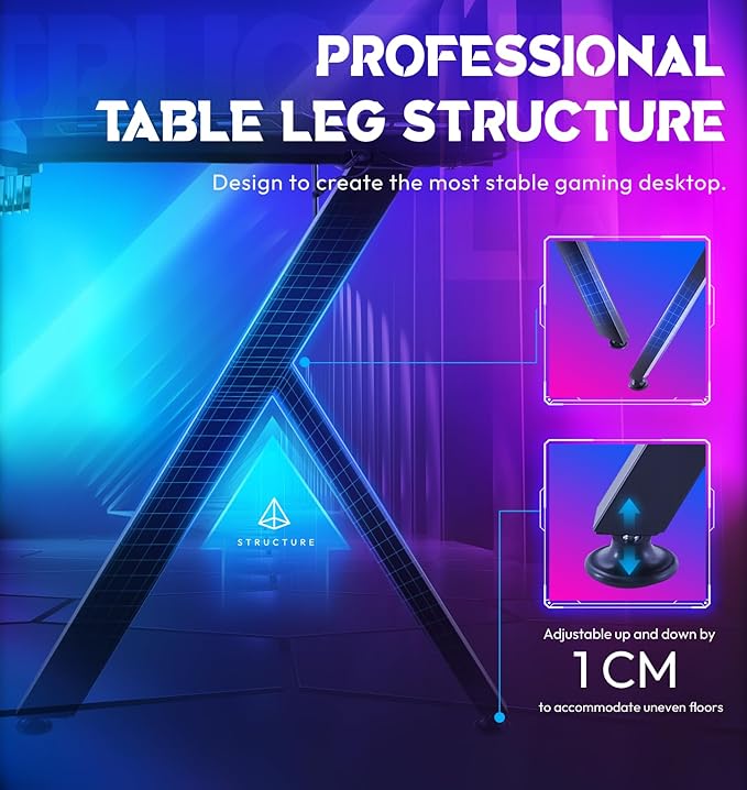 Dowinx Gaming Desk with LED Lights, RGB Gaming Computer Table with Carbon Fibre Surface, LED Home Office Desk with Remote Control, Pc Workstation with Cup Holder and Headphone Hook, 63 Inch, Black - LeafyLoom