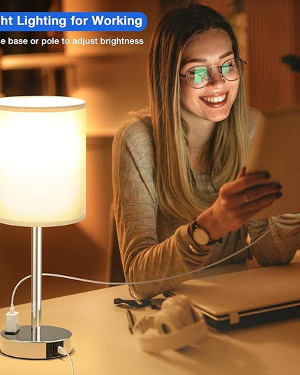 Grey Touch Lamps for Bedrooms Set of 2 - 3 Way Dimmable Bedside Lamp with USB C and A Ports and Outlets, Modern Nightstand Lamp with Gray Shade and Silver Base, Small Table Lamps for Kids Nursery - LeafyLoom
