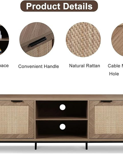 Anmytek Rattan TV Stand for 65 Inch TV Mid Century Modern Entertainment Center with Natural Rattan Door & Herringbone Texture Large TV Console Table for Living Room, Natural Oak - LeafyLoom