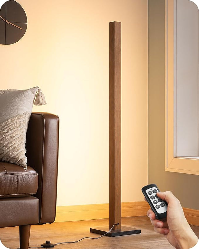EDISHINE Mid Century Modern Floor Lamp with Remote, Dimmable Wood LED Corner Light, Minimalist Standing Mood Lighting for Living Room, Bedroom, Office, 7 Color Temperature 2700K~6000K, 46" - LeafyLoom