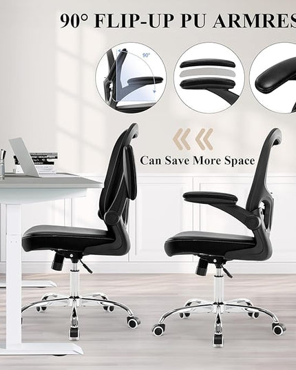 Office Chair,Ergonomic Desk Chair,Mesh Computer Chair with PU Leather Flip-up Armrest,Home Office Chair with Lumbar Support,Adjustable Executive Mid Back Task Chair,Rolling Swivel Office Chairs,Black - LeafyLoom