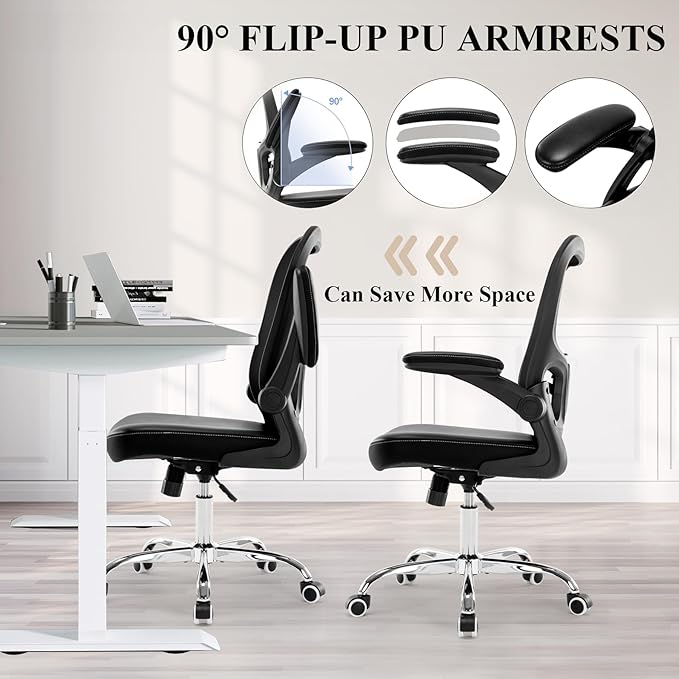 Office Chair,Ergonomic Desk Chair,Mesh Computer Chair with PU Leather Flip-up Armrest,Home Office Chair with Lumbar Support,Adjustable Executive Mid Back Task Chair,Rolling Swivel Office Chairs,Black - LeafyLoom