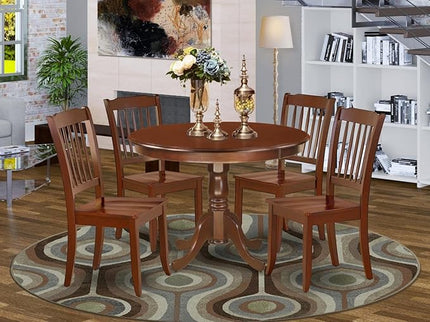 East West Furniture HLDA5-MAH-W 5 Piece Dining Room Table Set Includes a Round Dining Table with Pedestal and 4 Wood Seat Chairs, 42x42 Inch, Mahogany - LeafyLoom
