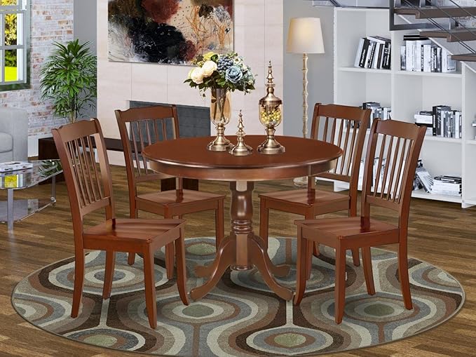 East West Furniture HLDA5-MAH-W 5 Piece Dining Room Table Set Includes a Round Dining Table with Pedestal and 4 Wood Seat Chairs, 42x42 Inch, Mahogany - LeafyLoom