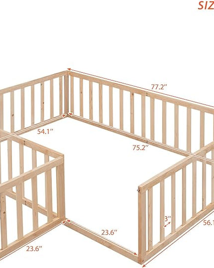 Multifunctional Full Size Floor Bed with Safety Guardrails and Door, Montessori Sturdy Solid Wood Beds Frame, Easy Assembly and No Spring Need, for Boys and Girls Room, Natural - LeafyLoom