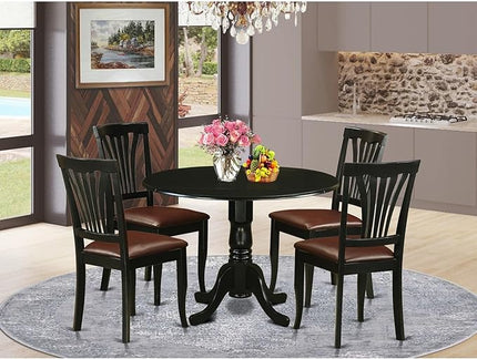 East West Furniture DLAV5-BLK-LC 5 Piece Modern Dining Table Set Includes a Round Wooden Table with Dropleaf and 4 Faux Leather Upholstered Dining Chairs, 42x42 Inch, Black - LeafyLoom