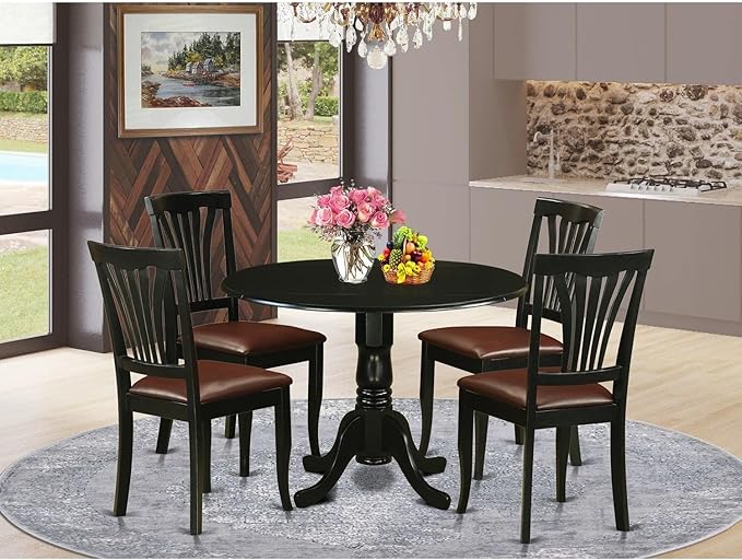 East West Furniture DLAV5-BLK-LC 5 Piece Modern Dining Table Set Includes a Round Wooden Table with Dropleaf and 4 Faux Leather Upholstered Dining Chairs, 42x42 Inch, Black - LeafyLoom