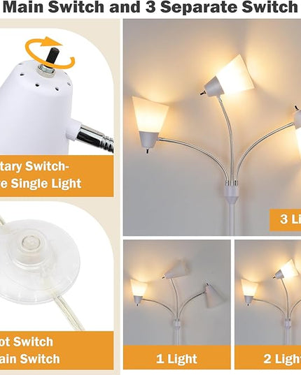 FOLKSMATE LED Floor Lamp, Medusa 3 Head Modern Adjustable Gooseneck Tall Standing Light for Living/Kids Room, Bedroom, White - LeafyLoom
