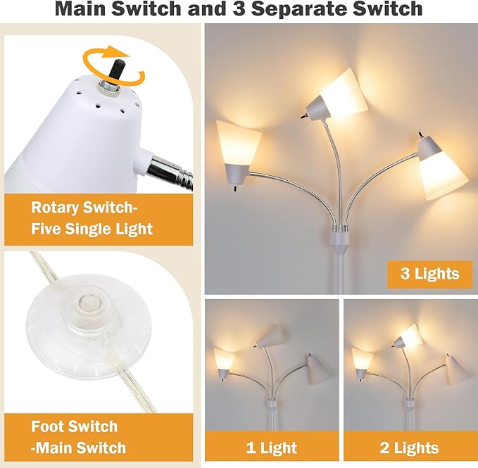 FOLKSMATE LED Floor Lamp, Medusa 3 Head Modern Adjustable Gooseneck Tall Standing Light for Living/Kids Room, Bedroom, White - LeafyLoom