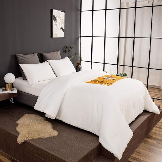 Wellboo White Velvet Comforter Sets Twin Boys Girls Solid White Fluffy Bedding Comforters Plain White Flannel Plush Quilts Women Men All White Winter Blanket Aesthetic Micromink Sherpa Bedding Durable - LeafyLoom
