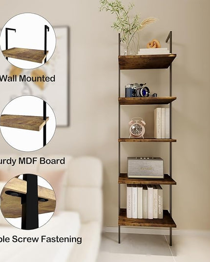 aboxoo Ladder Shelf 5 Tiers Metal Industrial Bookshelf, Rustic Brown Wood Tall Open Storage Rack and Display Shelves Plant Stand,Wall Mount Wide Book Case for Home Office Bedroom,Small - LeafyLoom