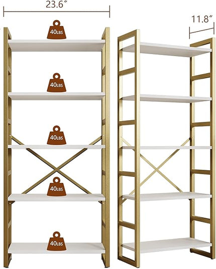 Shintenchi 5 Tiers Bookshelf, Classically Tall Bookcase Shelf,Industrial Book Rack,Modern Book Holder in Bedroom/Living Room/Home/Office, Storage Rack Shelves for Books/Movies,Gold - LeafyLoom
