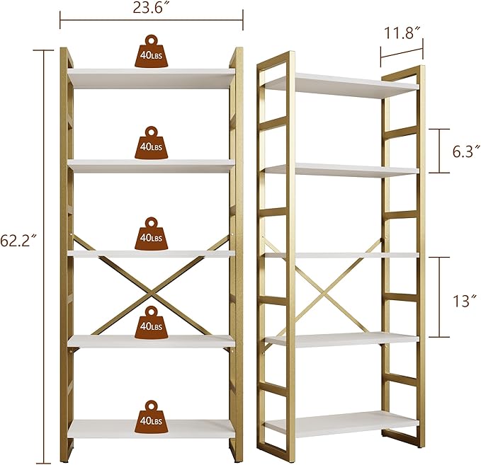 Shintenchi 5 Tiers Bookshelf, Classically Tall Bookcase Shelf,Industrial Book Rack,Modern Book Holder in Bedroom/Living Room/Home/Office, Storage Rack Shelves for Books/Movies,Gold - LeafyLoom