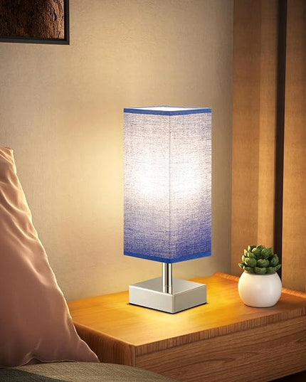 Navy Blue Small Lamp for Bedroom - Bedside Lamps for Nightstand, Minimalist Night Stand Lamp with Square Fabric Shade, Desk Reading Lamp for Boys Room Living Room Office with Sliver Base - LeafyLoom