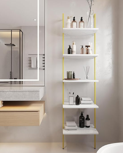 Ladder Shelf 5 Tiers Metal Industrial Bookshelf,White Marble Wood Tall Open Storage Rack and Display Shelves,Wall Mount Wide Book Case for Home Office Bedroom,Small - LeafyLoom