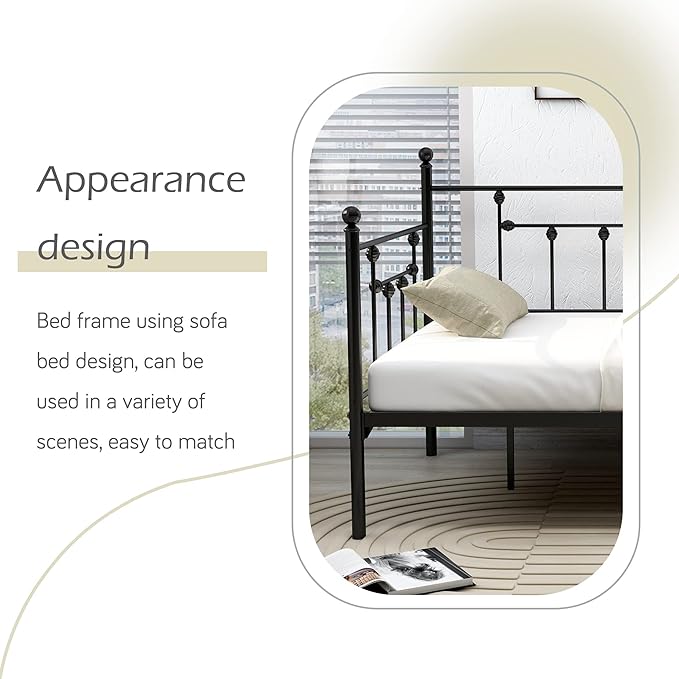 alazyhome Twin Size Metal Daybed Guest Bed Frame for Living Room Bedroom Steel Slat Support No Box Spring Needed Space Saving Black - LeafyLoom