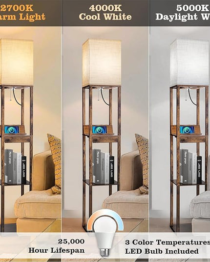 RUNTOP Floor Lamp with Shelves, Shelf Floor Lamp with Wireless Charger & 2 Charging USB Ports & Drawer, AC Outlet, 3 Color Temperature Tall Standing Lamp with Bulb for Living Room, Bedroom, Office - LeafyLoom