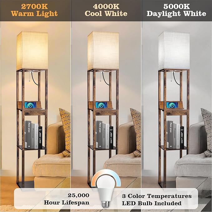 RUNTOP Floor Lamp with Shelves, Shelf Floor Lamp with Wireless Charger & 2 Charging USB Ports & Drawer, AC Outlet, 3 Color Temperature Tall Standing Lamp with Bulb for Living Room, Bedroom, Office - LeafyLoom