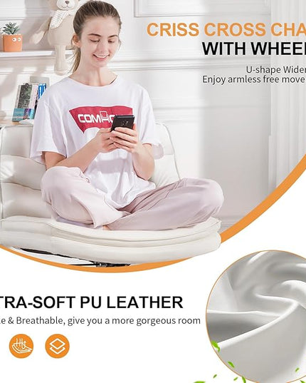 COMHOMA Criss Cross Chair with Wheels, Armless Wide Cross Legged Office Chair Mid Back, Modern Home Office Desk Chair Swivel Adjustable Vanity Computer Chair, Beige - LeafyLoom