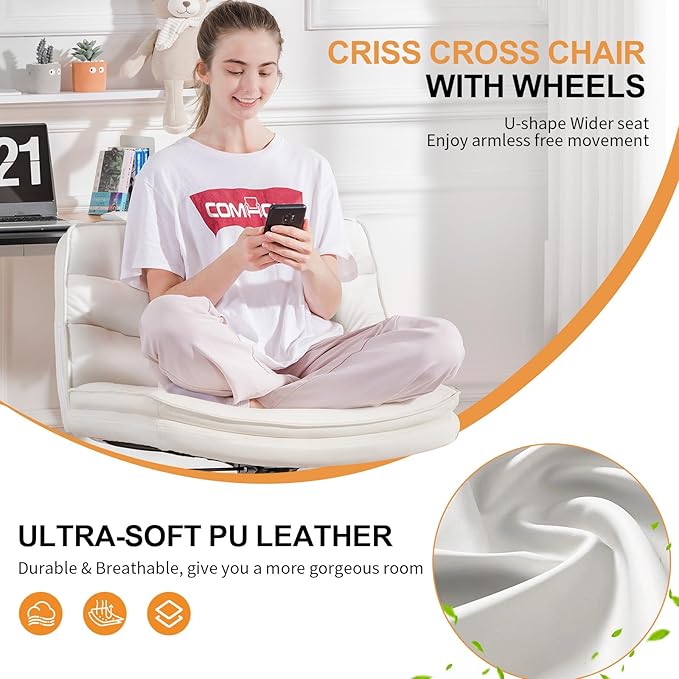COMHOMA Criss Cross Chair with Wheels, Armless Wide Cross Legged Office Chair Mid Back, Modern Home Office Desk Chair Swivel Adjustable Vanity Computer Chair, Beige - LeafyLoom