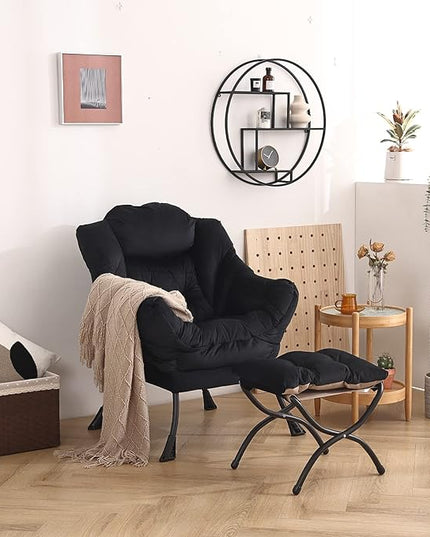 Welnow Lazy Chair with Ottoman, Modern Lounge Accent Chair with Armrests and a Side Pocket, Leisure Upholstered Sofa Chair Set, Reading Chair with Footrest for Small Space, Corner Chair, Black - LeafyLoom