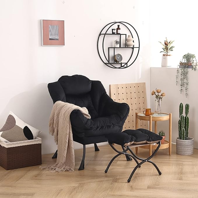 Welnow Lazy Chair with Ottoman, Modern Lounge Accent Chair with Armrests and a Side Pocket, Leisure Upholstered Sofa Chair Set, Reading Chair with Footrest for Small Space, Corner Chair, Black - LeafyLoom