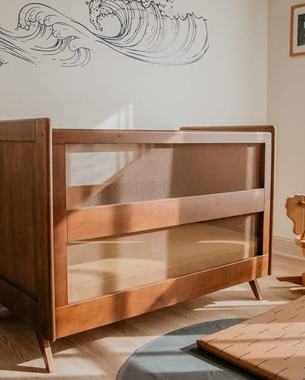 BreathableBaby Breathable Mesh 3-in-1 Convertible Crib (Toddler Bed Kit Sold Separately) — Walnut — Two Adjustable Mattress Heights — Greenguard Gold Certified - LeafyLoom