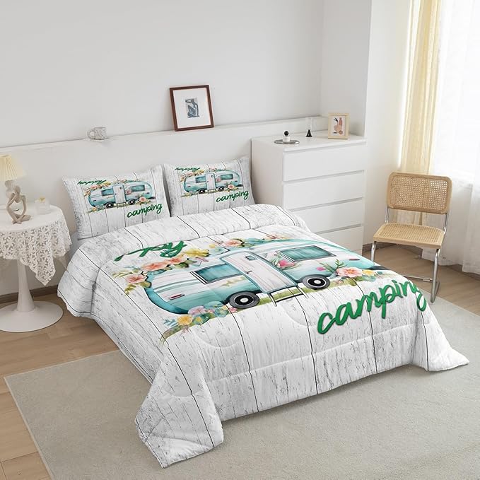 Erosebridal Girls Camping Bedding Camper Car Floral Comforter Set Queen - LeafyLoom