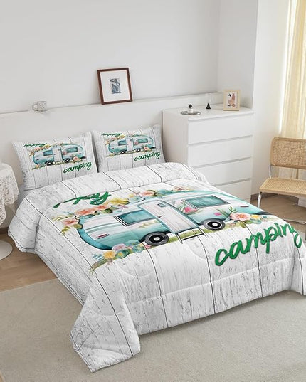 Girls Camper Comforter Set Camping Car Floral Down Comforter Twin Size Rustic Farmhouse Theme Bedding Set Camping Decor Retro Chic Flower Quilted Duvet Old Barn Door Vintage Wooden Style Duvet Set - LeafyLoom