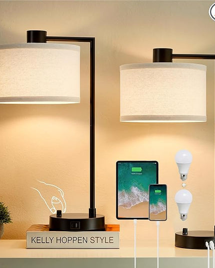 Luvkczc Table Lamp for Bedroom Set of 2 with USB C+A Ports, Fully Stepless Dimmable Bedside Lamp with Linen Lampshade, Contemporary Lamp for Living Room Reading Office, 2 LED Bulbs Included (Black) - LeafyLoom