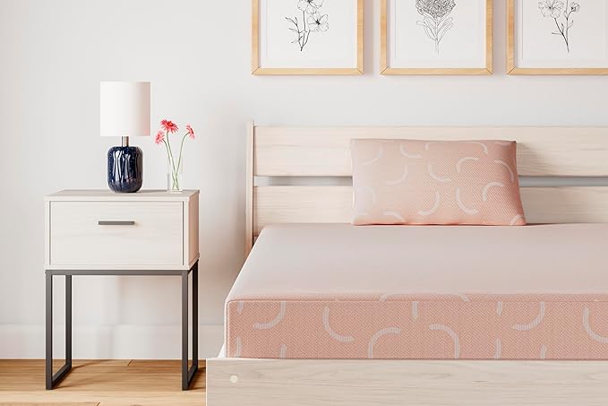 Signature Design by Ashley Full Size iKidz 7 Inch Firm Gel Memory Foam Mattress with Stretch Knit Cover & Pillow Included, Pink Coral - LeafyLoom