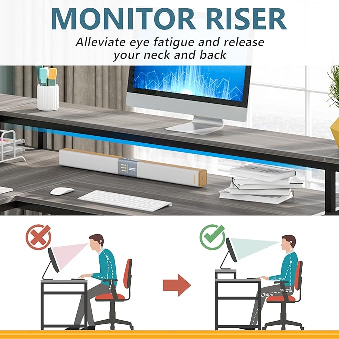 L-Shaped Desk with Monitor Shelf,Corner Computer Desk with Storage, Gray - LeafyLoom