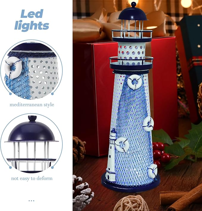 Lighthouse Ornament with Led Light Night Light Nautical Themed Lighthouse Tabletop Summer Ocean Party Decor - LeafyLoom