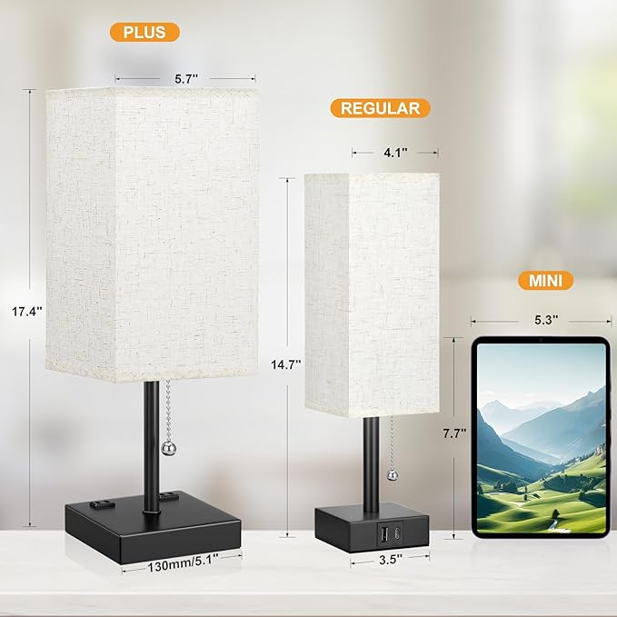 aooshine Beige Table Lamp for Bedroom - 3 Color Temperature 3000K 5000K 4000K Bedside Lamp, Pull Chain Control, USB A and C Ports, AC Outlets, Bulb Included, Medium - LeafyLoom