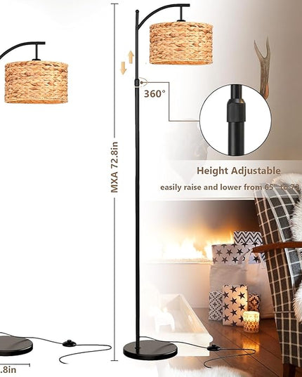 Floor Lamp for Living Room Bedroom Rattan Boho Arc Standing Lamp with Remote Dimmable Black Wicker Bamboo Lamp Shade Floor Light Adjustable Tall Lamp Farmhouse Industrial Floor Lamps Bohemian - LeafyLoom