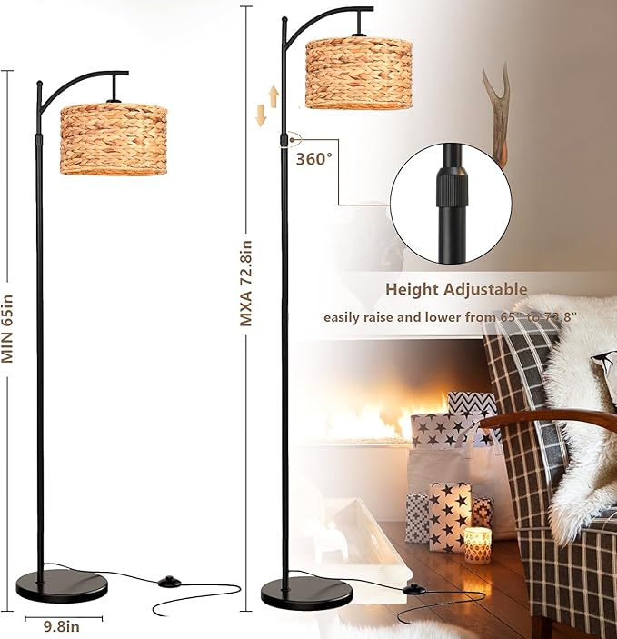 Floor Lamp for Living Room Bedroom Rattan Boho Arc Standing Lamp with Remote Dimmable Black Wicker Bamboo Lamp Shade Floor Light Adjustable Tall Lamp Farmhouse Industrial Floor Lamps Bohemian - LeafyLoom