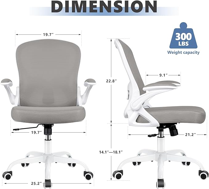 Office Chair Desk Chair, Ergonomic Mesh Computer Chair Home Office Desk Chairs, Swivel Task Chair Mid Back Breathable Rolling Chair with Adjustable Lumbar Support Flip Up Armrest (Gray) - LeafyLoom