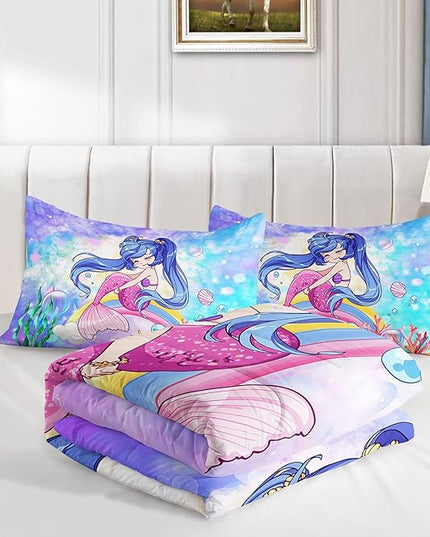Datura home Kids Mermaid Comforter Set for Girls Women,Cute Mermaid Girl and Rainbow Shell Starfish Printed Pattern Blue Kawaii Bedding Set with 2 Pillowcases(Mermaid Girl Twin) - LeafyLoom