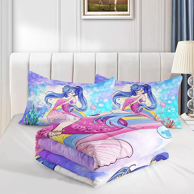 Datura home Kids Mermaid Comforter Set for Girls Women,Cute Mermaid Girl and Rainbow Shell Starfish Printed Pattern Blue Kawaii Bedding Set with 2 Pillowcases(Mermaid Girl Twin) - LeafyLoom