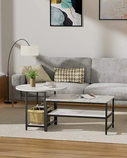 WOHOMO Coffee Table, White Modern Coffee Tables for Living Room, Detachable 2 Small Coffee Tables, Faux White Marble - LeafyLoom