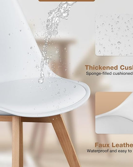 OLIXIS Set of 4 Dining Kitchen Mid-Century Modern Chairs with Wood Legs and PU Leather Cushion for Living Room Bedroom Outdoor Lounge, White - LeafyLoom